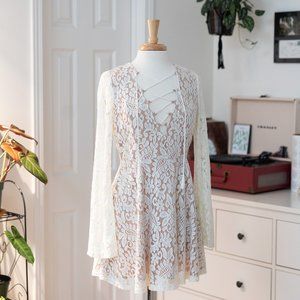 EUC Boho Deep V with Tie White Lace Long Sleeve Mini Fit & Flare Dress